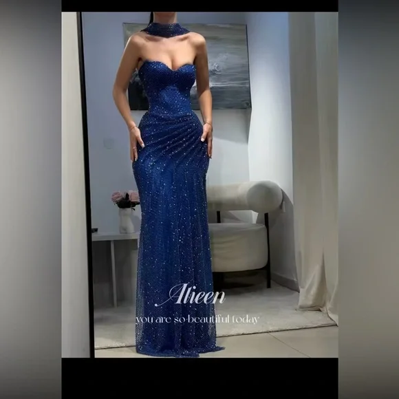 Aileen Women's Dark Blue with Scarf Luxury Evening Dresses Size 0 - Picture 2 of 4